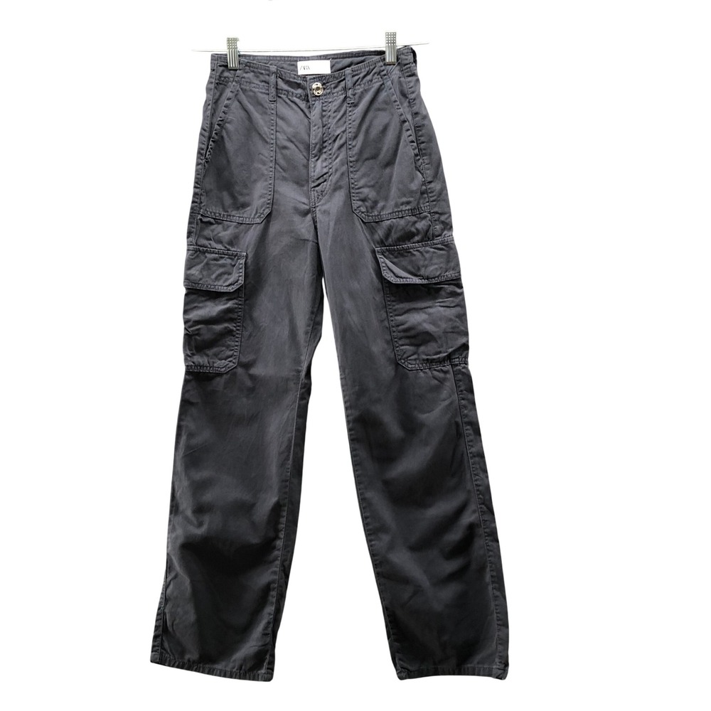 Zara Cargo Pants Women 2 Gray Cotton High Rise Straight Relaxed Utility